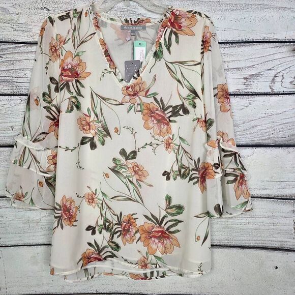 Daniel Rainn L Floral Ruffle Trim Bell Sleeve Blouse, New - Picture 1 of 6